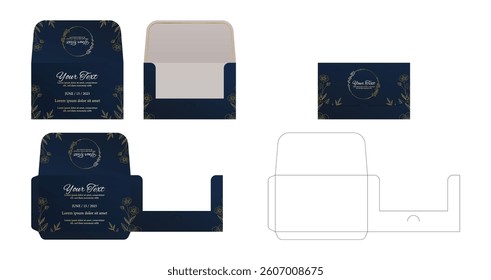 Blue Luxury Business Card or Wedding Card sleeve die cut and mock up template. Envelopes mockup front and back view.