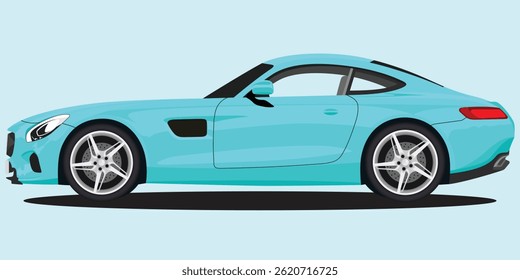Blue luxury car on white background with vintage design and travel theme. Blue color car vector illustration of white vehicle refilling power. Eco friendly anti oil car illustration.