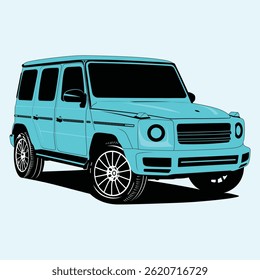 Blue luxury car on white background with vintage design and travel theme. Blue color car vector illustration of white vehicle refilling power. Eco friendly anti oil car illustration.