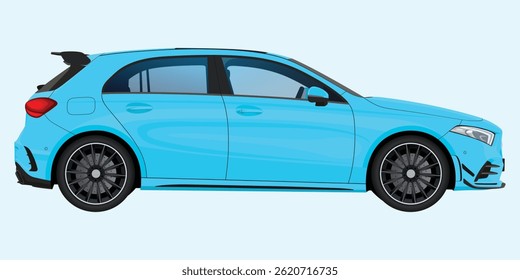 Blue luxury car on white background with vintage design and travel theme. Blue color car vector illustration of white vehicle refilling power. Eco friendly anti oil car illustration.