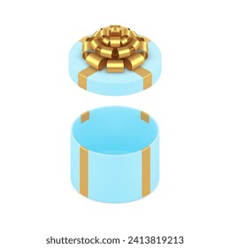 Blue luxury circle gift box with elegant golden bow ribbon for holiday surprise 3d icon realistic vector illustration. Premium round present package with open cap festive congratulations shopping sale