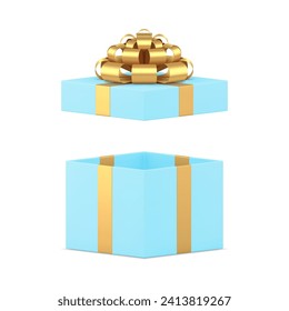 Blue luxury empty gift box with open cap and golden bow ribbon 3d icon realistic vector illustration. Festive present package for expensive surprise storage and carrying shopping sale discount decor