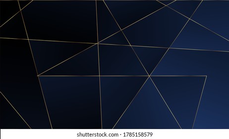 Textura de polígono de lujo azul. Cartel de la primera calidad triangular de las líneas de oro. Fondo de celebración geométrica VIP rica en plata. Papel de escritorio Crystal Triangle Blue Premium. Banner elegante de formas elegantes de platino oscuro