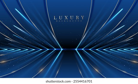 Blue luxury stage backdrop with golden curves, beam effects, and sparkling starlight. Design for elegant presentations. Vector illustration.