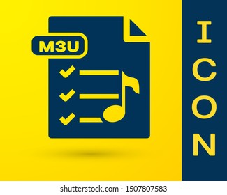 Blue M3U file document. Download m3u button icon isolated on yellow background. M3U file symbol.  Vector Illustration