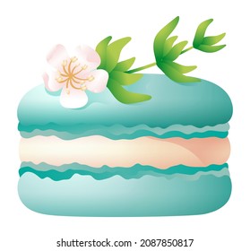 Blue macaron with white flower on top. French dessert