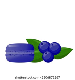 Blue macarons with  blueberries.Highly detailed dessert, macaroon, sweets, menu design, restaurants shop. Gradient macarons. Vector traditional french cookies in cartoon style.Vector illustration.