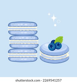 Blue macaroons with blueberries and mint. French pastry macaron. Blueberry, raspberry, mint. Highly detailed dessert, macaroon, sweets, menu design, restaurants shop