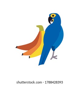 blue macaw bird and bananas flat style icon design, Animal feather predator wildlife fight beak natural and latin america theme Vector illustration