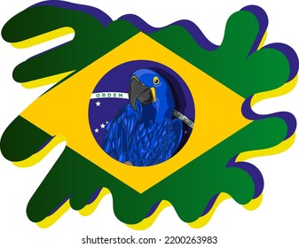 Blue Macaw In The Center Of The Flag Of Brazil