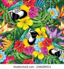 Blue Macaw Parrot Floral Portrait coming out from Exotic Jungle Vector Seamless Repeat Textile Pattern