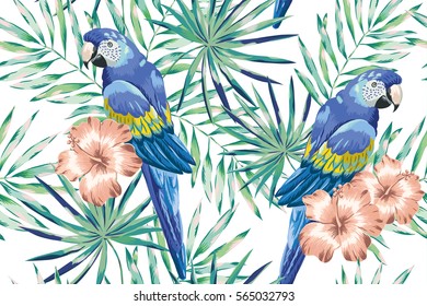 Perros de macao azul con hojas de palma de menta e hibiscos rosa rubor sobre el fondo blanco. Patrón veloz. Ilustración de la selva tropical con aves y flores.