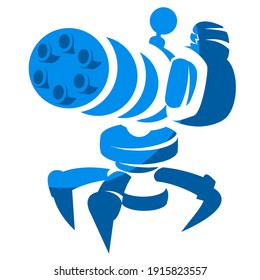 blue machine gun stands on hybrid legs