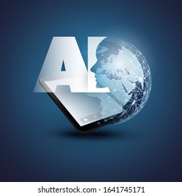 Blue Machine Learning, Artificial Intelligence, Cloud Computing and Networks Design Concept with Earth Globe, Tablet PC, Mesh and AI Label