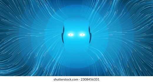 Blue Machine Learning, Artificial Intelligence, Cloud Computing and Networks Design Concept with Human or Robot Head and Curvy Mesh, Lines of Neural Network Connections Towards the Brain Center