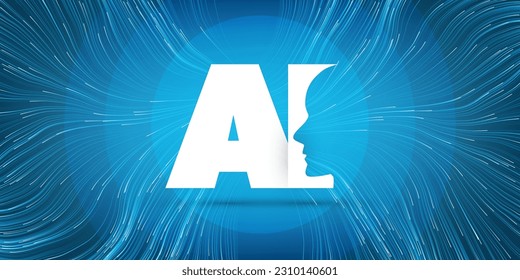 Blue Machine Learning, Artificial Intelligence and Neural Networking Design Concept with Human or Robot Face Silhouette in a Big AI Label, Wavy Lines of Neural Network, Connections to the Brain Center