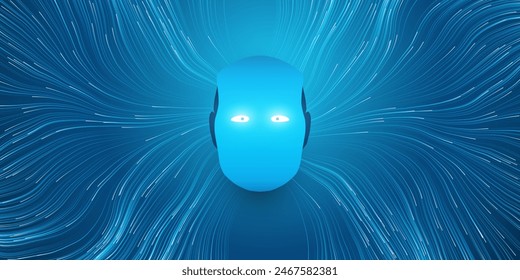 Blue Machine Learning, Artificial Intelligence, Cloud Computing and Neural Networks Design Concept with Robot Head with Glowing Eyes, Geometric Network Mesh, Wavy Lines of Connections