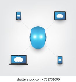 Blue Machine Learning, Artificial Intelligence and Networks Design Concept with Mobile Devices and Robot Head