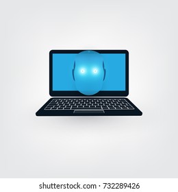 Blue Machine Learning, Artificial Intelligence and Networks Design Concept with Laptop and Robot Head