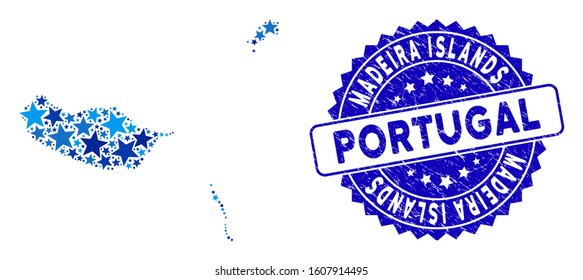 Blue Madeira Islands map mosaic of stars, and distress round seal. Abstract territory plan in blue shades. Vector Madeira Islands map is designed of blue stars.