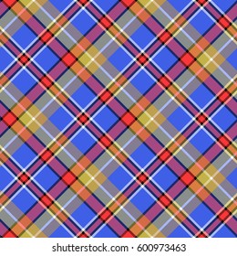 Blue madras diagonal plaid pixeled seamless pattern. Vector illustration.