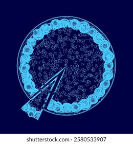 Blue mage of a slice of cake with a blue border. The cake is cut in half and the top half is missing