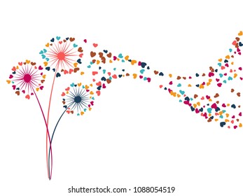 Blue magenta pink vector dandelion herbs, meadow flowers illustration. Floral tender background with dandelion blowing plant. Flowers with heart shaped feather flying. Meadow blossom.