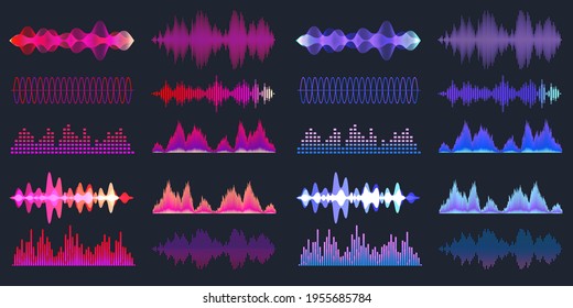 Blue and magenta sound waves collection. Colorful analog and digital audio signal. Music equalizer. Interference voice recording. High frequency radio wave. Vector illustration.