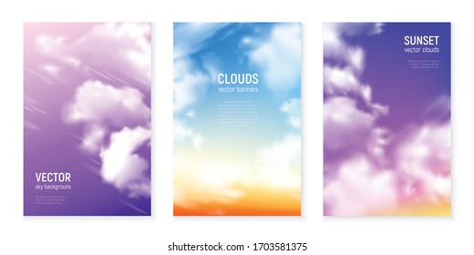 Blue magenta violet sky backgrounds with floating wisps of clouds realistic vertical banners set isolated vector illustration 