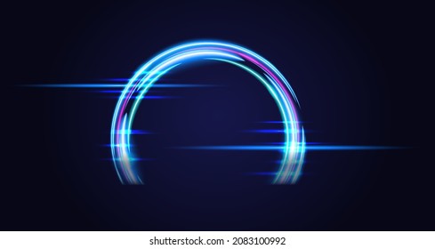 Blue Magic Arc. Abstract Magic Light Effect. Luminous Neon Lines With Flying Lights And Spark Trail