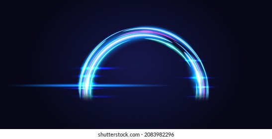 Blue magic arc. Abstract magic light effect. Luminous neon lines with flying lights and spark trail