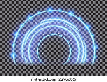 Blue Magic Arc. Abstract Magic Light Effect. Luminous Neon Arch Lines With Flying Lights.