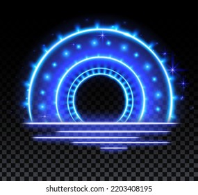 Blue magic arc. Abstract magic light effect. Luminous neon arch lines with flying lights.