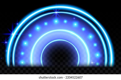 Blue magic arc. Abstract magic light effect. Luminous neon arch lines with flying lights.