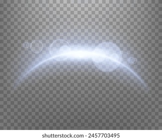 Blauer magischer Bogen mit glühenden Partikeln, Sonnenlicht Linsenflare. Neon realistische Energie flare arch.    
Abstrakter Lichteffekt auf einem durchsichtigen Hintergrund. Vektorillustration.