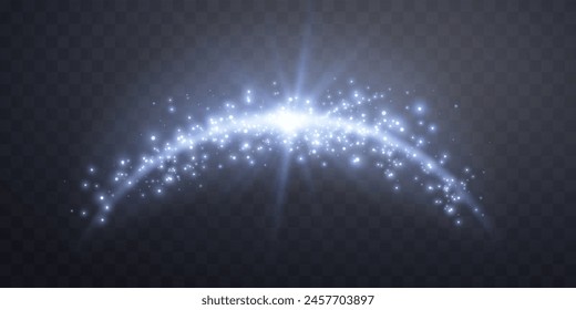 Blue magic arch with glowing particles, sunlight lens flare. Neon realistic energy flare arch. Abstract light effect on a transparent background. Vector illustration.