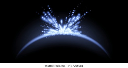 Blue magic arch with glowing particles, sunlight lens flare. Neon realistic energy flare arch. Abstract light effect on a black background. Vector illustration.