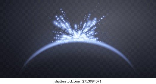 Arco mágico azul con partículas brillantes, destello de la lente de la luz solar. Arco de bengala de energía realista de neón. Abstractas efecto de luz sobre un fondo transparente. Ilustración vectorial.