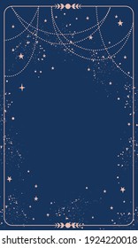 Blue magic background card with stars and space decor with copy space. Natal chart for astrology, tarot, predictions. Boho vector illustration, vintage style.