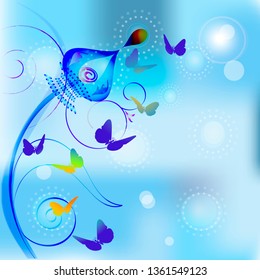 blue magic background. flower, butterflies.