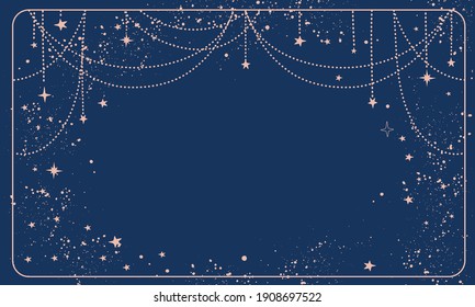Blue magic background with stars and space decor with copy space. Layout for astrology, tarot, prediction. Divine boho design, hand drawn vector illustration, vintage style.
