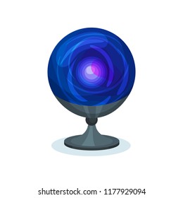 Blue magic ball. Crystal sphere on gray stand. Item for prediction of future. Flat vector element for mobile game