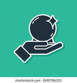 Blue Magic ball on hand icon isolated on green background. Crystal ball.  Vector Illustration