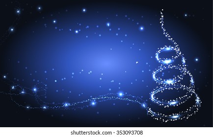 Blue Magic Christmas Background with Spiral Sparkling Xmas Tree. Vector Illustration