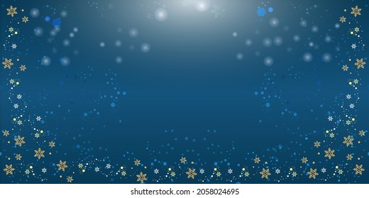 Blue magic Christmas banner on dark background with sparkle, snow and golden snowflakes. Beautiful vector template for banner.