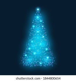 Blue magic Christmas tree, shiny stars and lights on dark background, vector illustration.