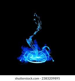 Blue magic effect for game flat style, vector illustration isolated on black background. Decorative design element, fantasy lighting hits or portal, magic power and energy