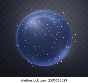 Blue magic fantasy sphere. Crystal ball with glowing sparkles and particles. Energy orb with glow flare light effect. Isolated on transparent background. Vector illustration.