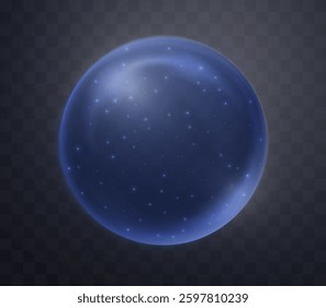 Blue magic fantasy sphere. Crystal ball with glowing sparkles and particles. Energy orb with glow flare light effect. Isolated on transparent background. Vector illustration.