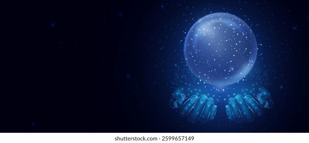 Blue magic fantasy sphere in hands. Crystal ball with glowing sparkles and particles. Energy orb with glow flare light effect. Isolated on transparent background. Vector illustration.